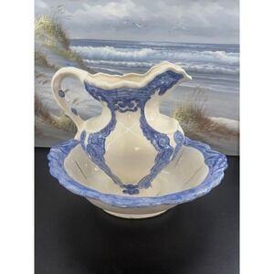 Vintage Maureen 1980 Signed Blue and White Ceramic Pitcher and Wash Basin Set